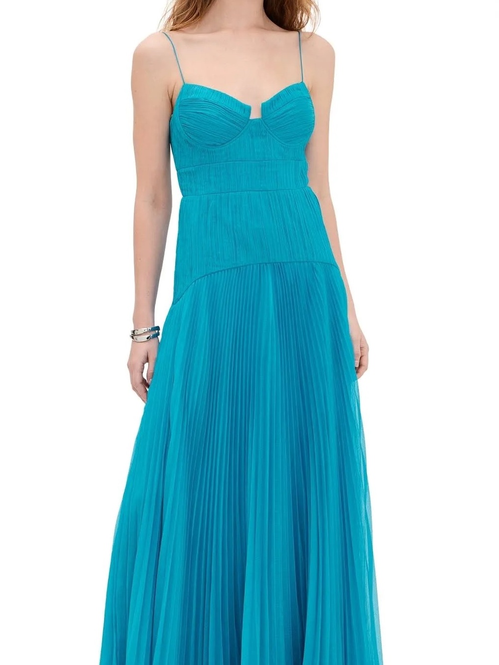 AMUR Pleated Spaghetti-Strap Maxi Dress in Teal Blue